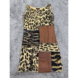 G Lish Dress Womans Small Silk Faux Leather Cheetah Leopard Patchwork Cocktail
